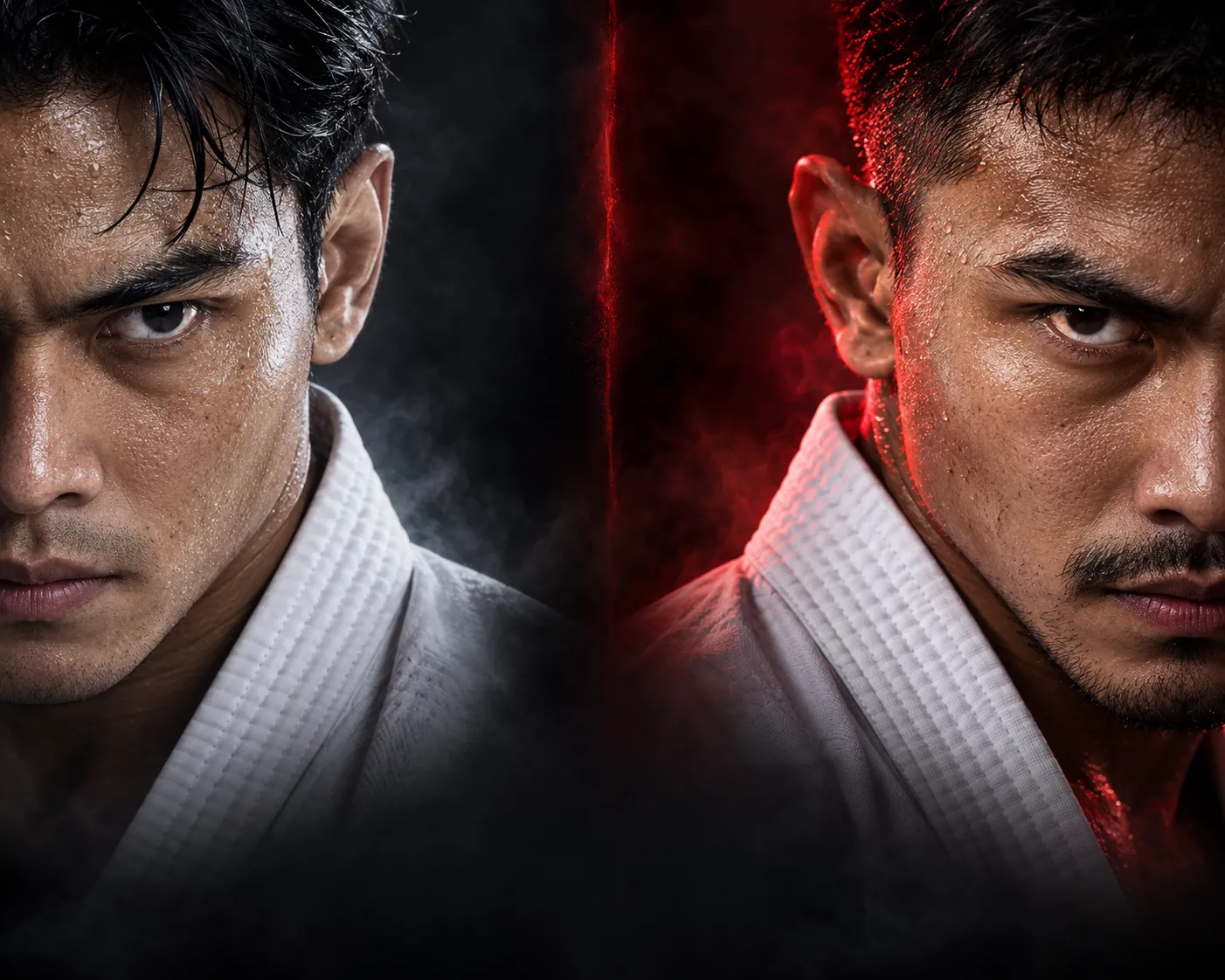 Ilustrasi digital dua karateka dalam komposisi face-off dengan pencahayaan merah dan latar gelap.